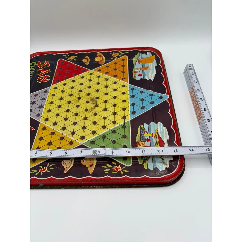Vintage San Loo Chinese Checkers Tin Metal Game Board Litho Mid Century Decor